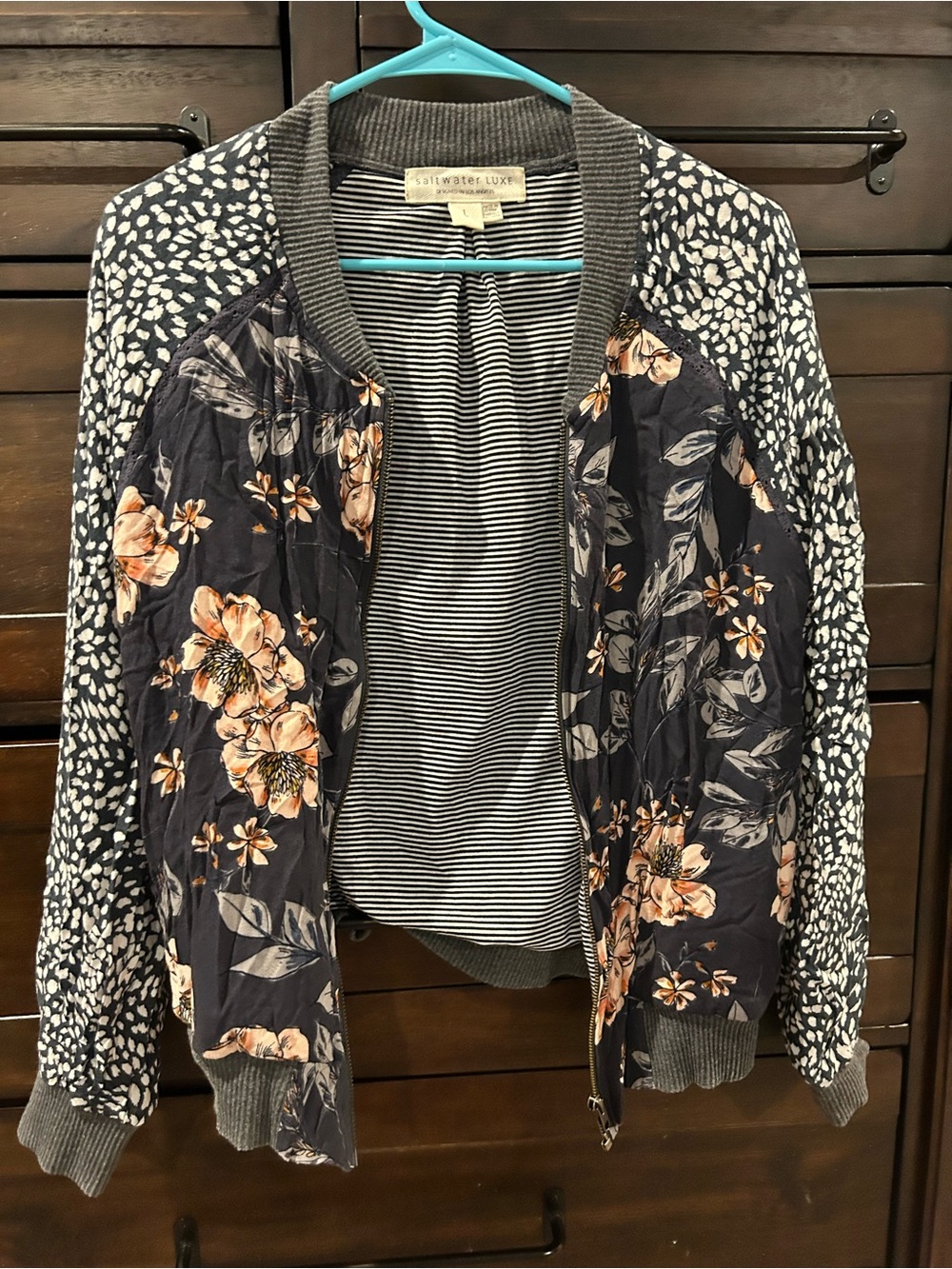 saltwater LUXE Floral and Patterned Bomber Jacket in Black, Peach, Gray